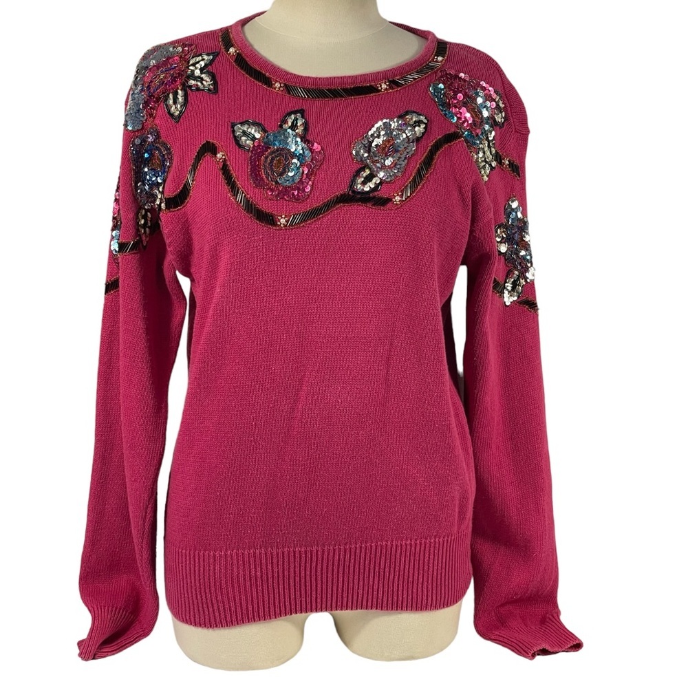 Vintage Lindsey Blake 80’s  Pink Floral Sequin Embellished Pullover Sweater Sz M